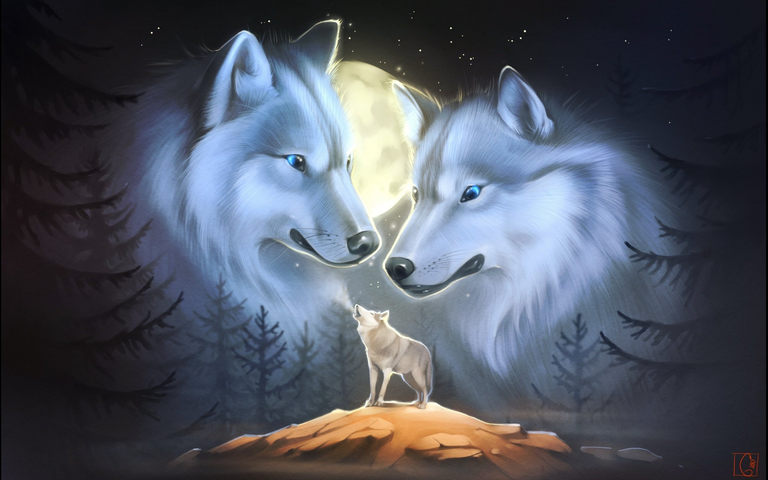 wolf, Wolves, Predator, Carnivore, Fantasy, Artwork, Moon, Night Wallpaper
