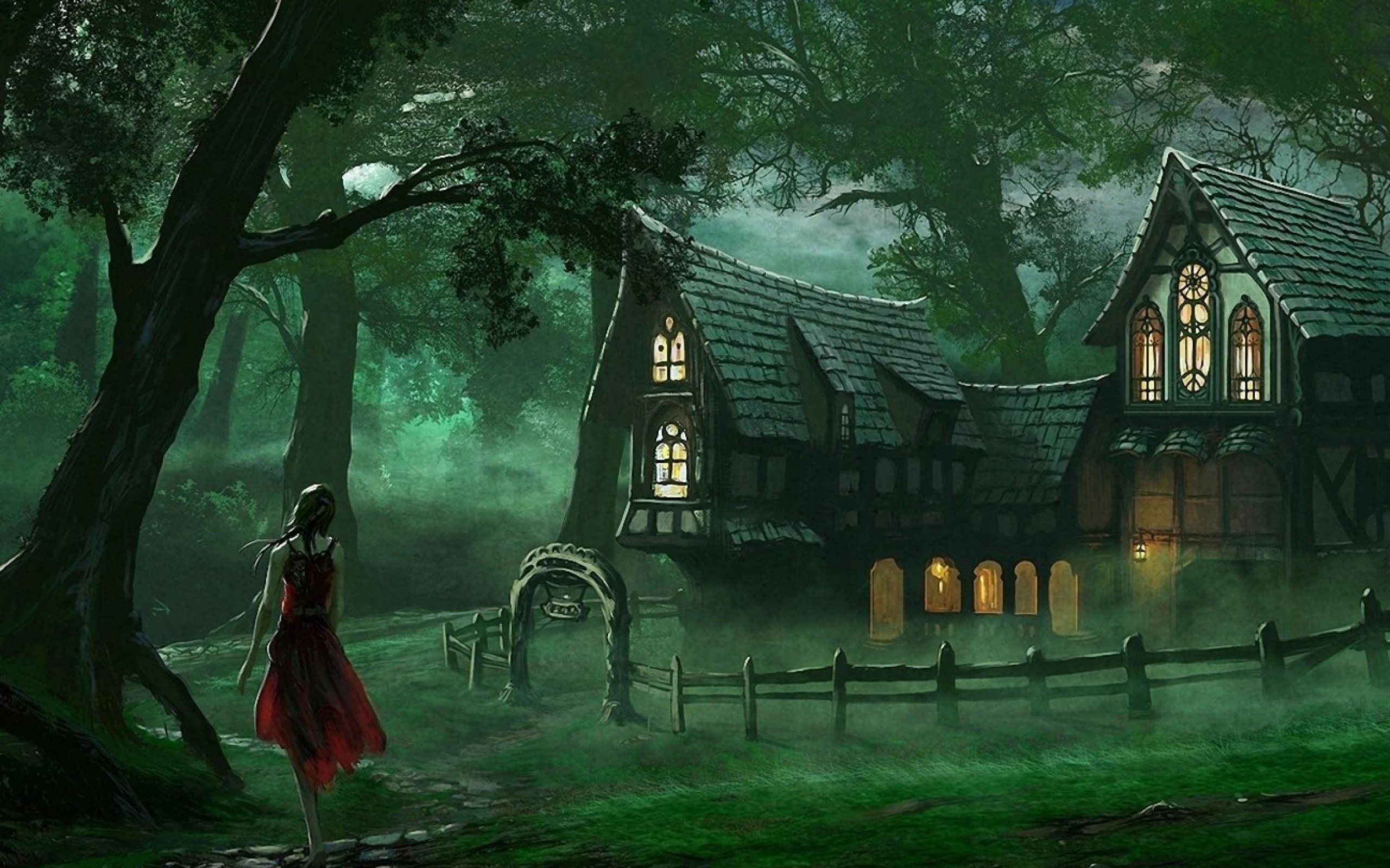 artwork, Fantasy, Magical, Art, Forest, Tree, Landscape, Nature, Girl, House, Spooky Wallpaper