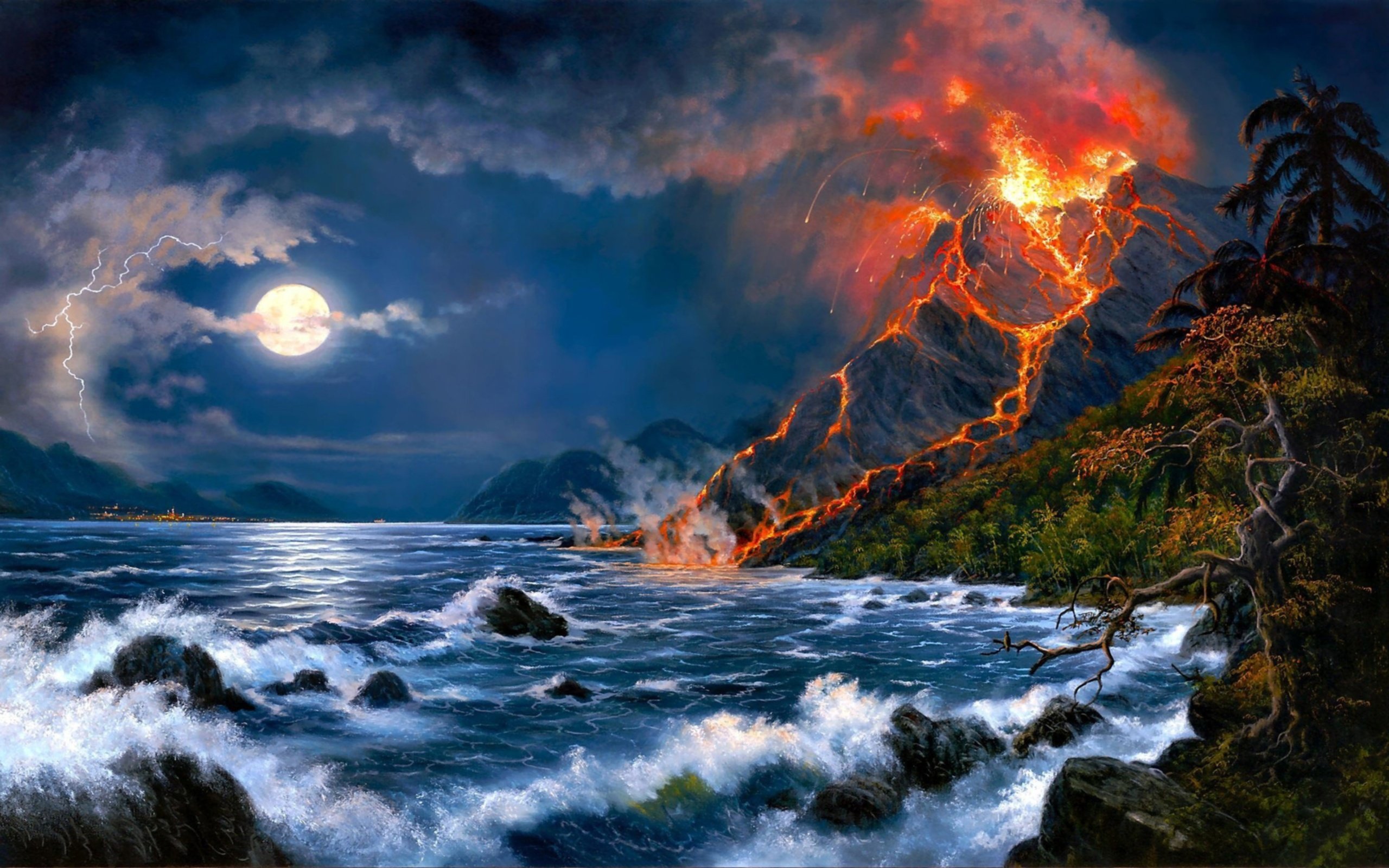 volcano, Mountain, Lava, Nature, Landscape, Mountains, Fire, Artwork, Ocean, Sea, Painting Wallpaper