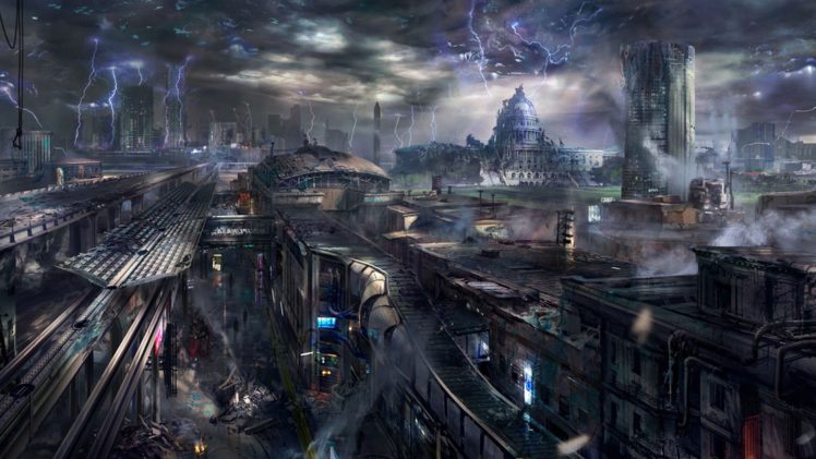 futuristic, Smoke, Destruction, Buildings, Science, Fiction, Lightning HD Wallpaper Desktop Background
