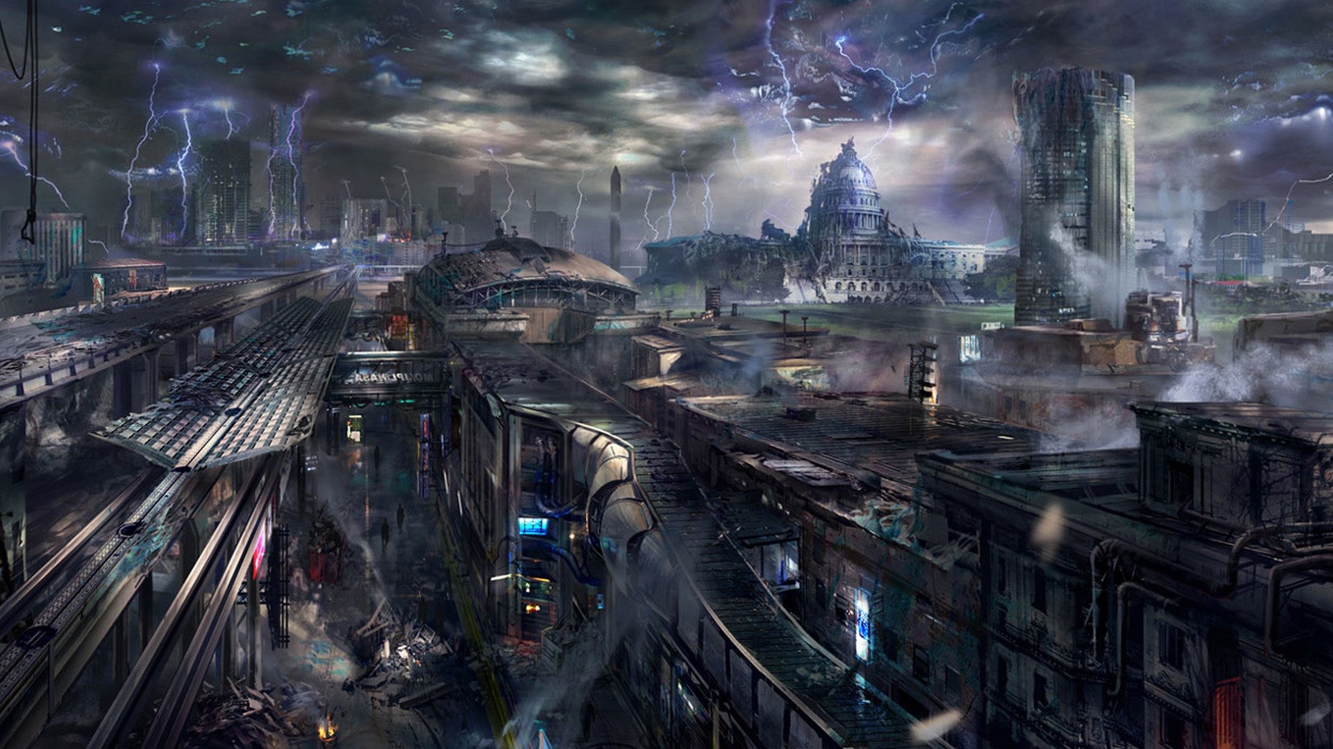 futuristic, Smoke, Destruction, Buildings, Science, Fiction, Lightning Wallpaper
