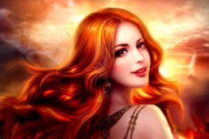 fantasy, Girl, Smile, Red, Hair, Face, Beautiful, Red, Eyes, Sky