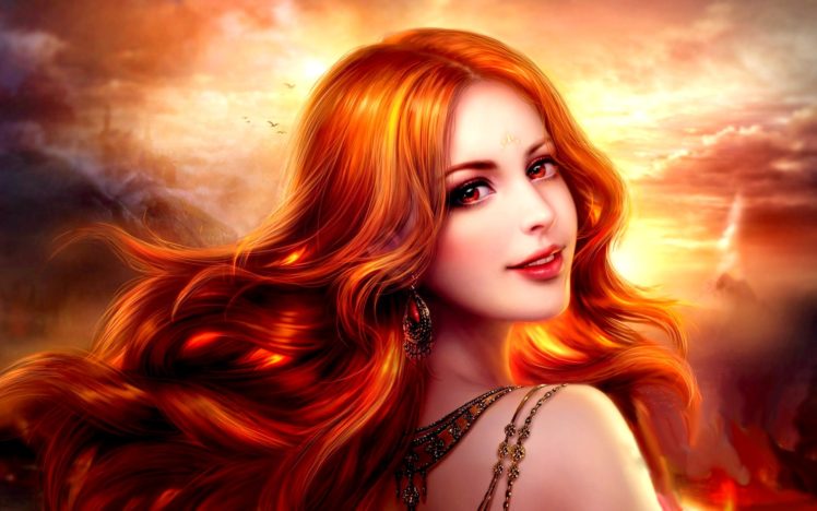fantasy, Girl, Smile, Red, Hair, Face, Beautiful, Red, Eyes, Sky HD Wallpaper Desktop Background