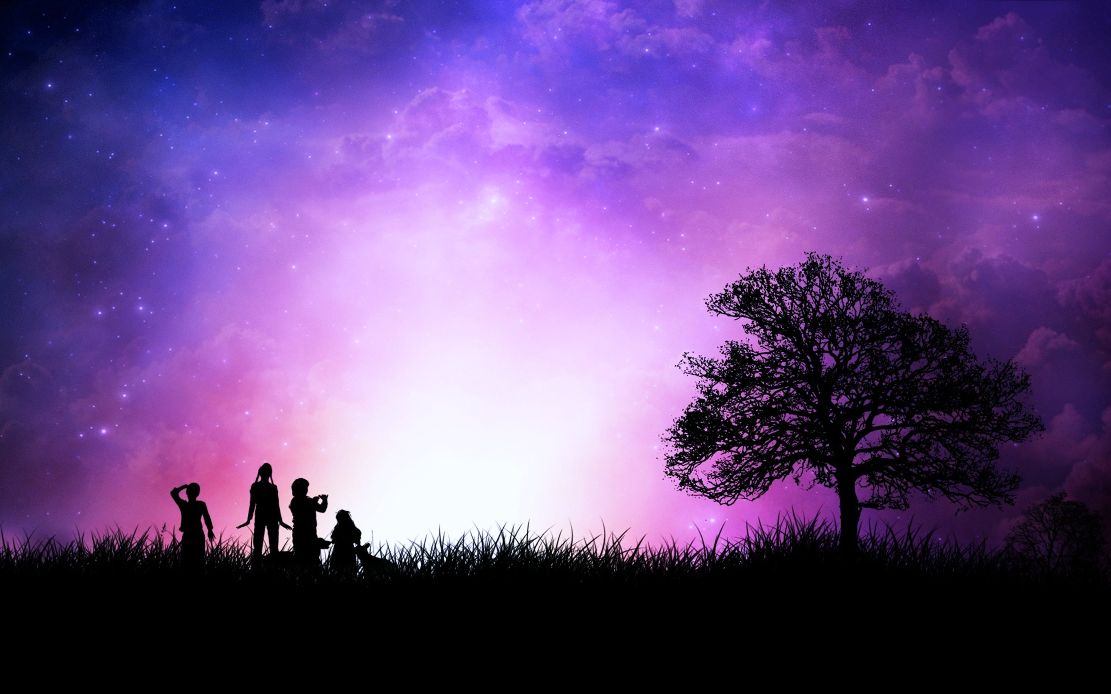 space, Stars, Sky, Tree, People, Family, Drawing, Imaginations, Fantasy, Dreams Wallpaper