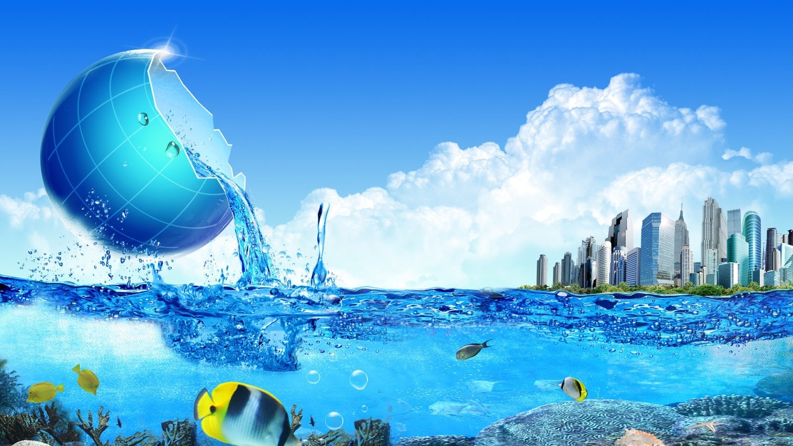 vector, Fish, Blue, Clouds, Sky, City Wallpaper