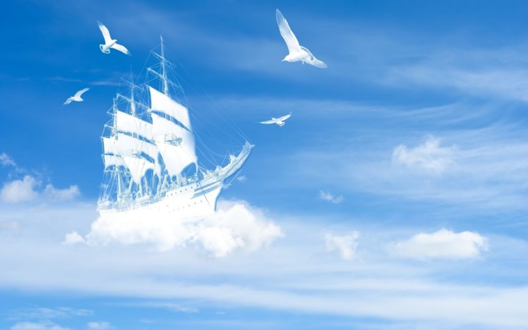 fantasy, Sky, Bird, Sea, Ship HD Wallpaper Desktop Background