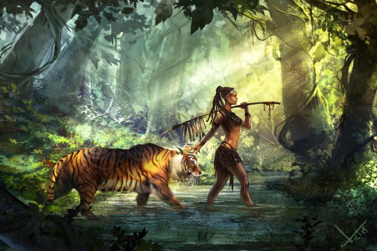 women, Warrior, Fantasy, Girl, Art, Artwork, Girl, Tiger HD Wallpaper Desktop Background