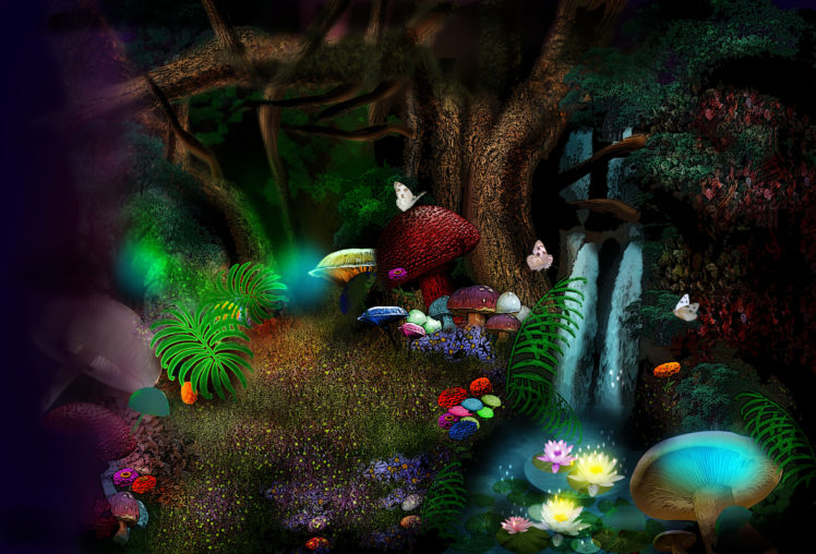 3d, Nature, Phantasmagoria, Butterfly, Leaves, Forest, Magic, Flowers HD Wallpaper Desktop Background