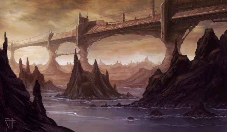 art, Juannovelletto, Bridge, Rock, River, Water, Fantasy HD Wallpaper Desktop Background