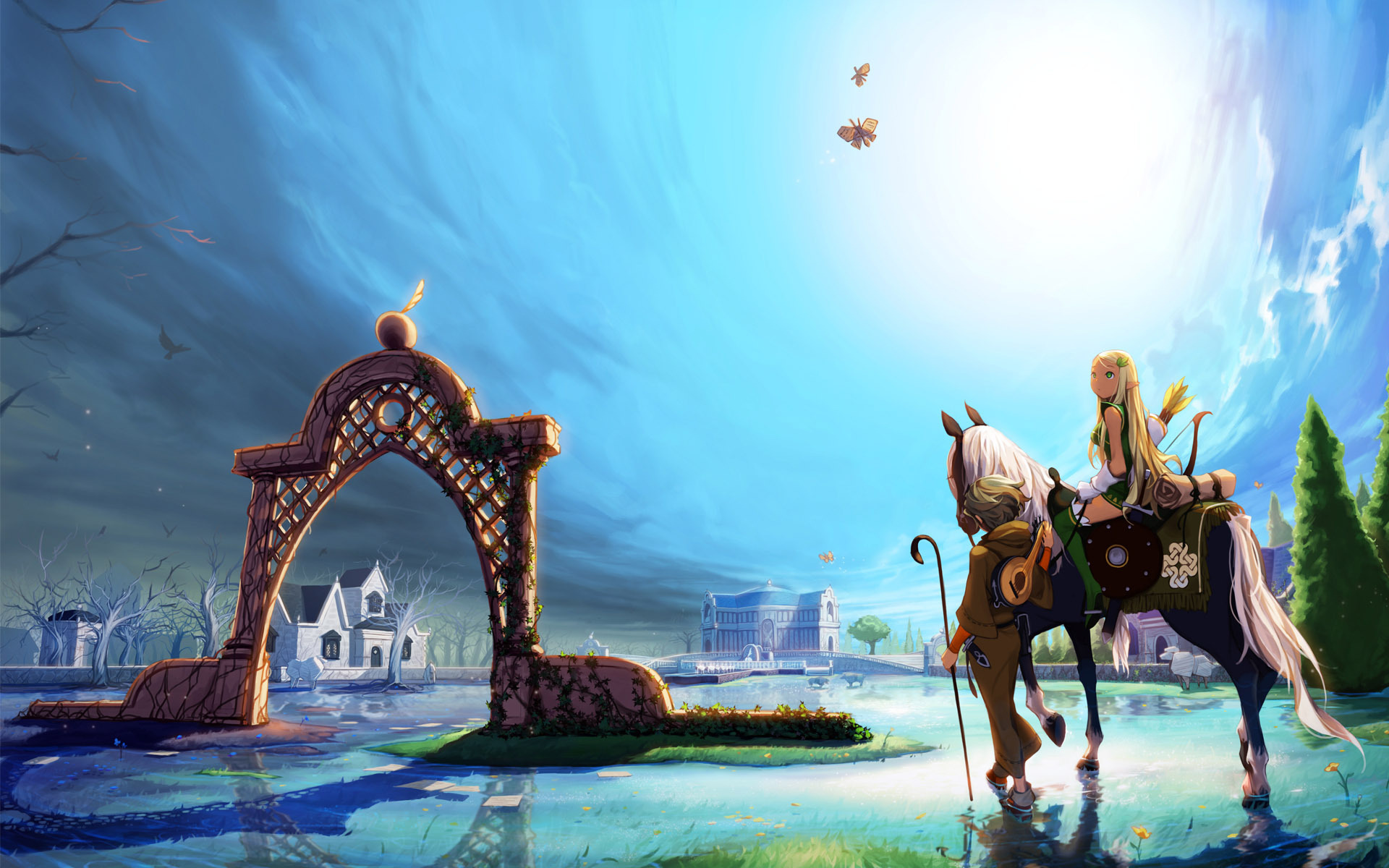 art, Mabinogi, Horse, Horse, Girl, Water, Elf, Bow, Arch, City, Buildings, Fantasy, Anime, Original Wallpaper