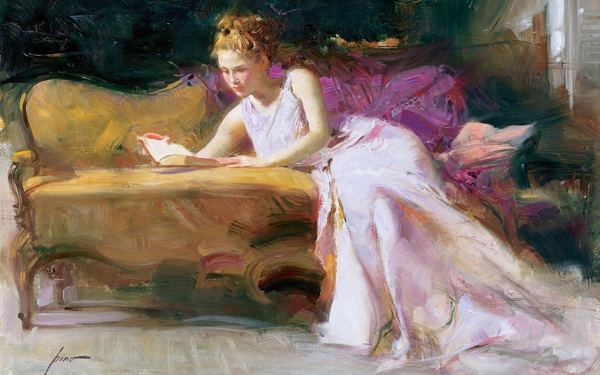 art, Painting, Blonde, Pino, Dangelico, Book, Couch, Girl, Women, Females, Mood Wallpaper