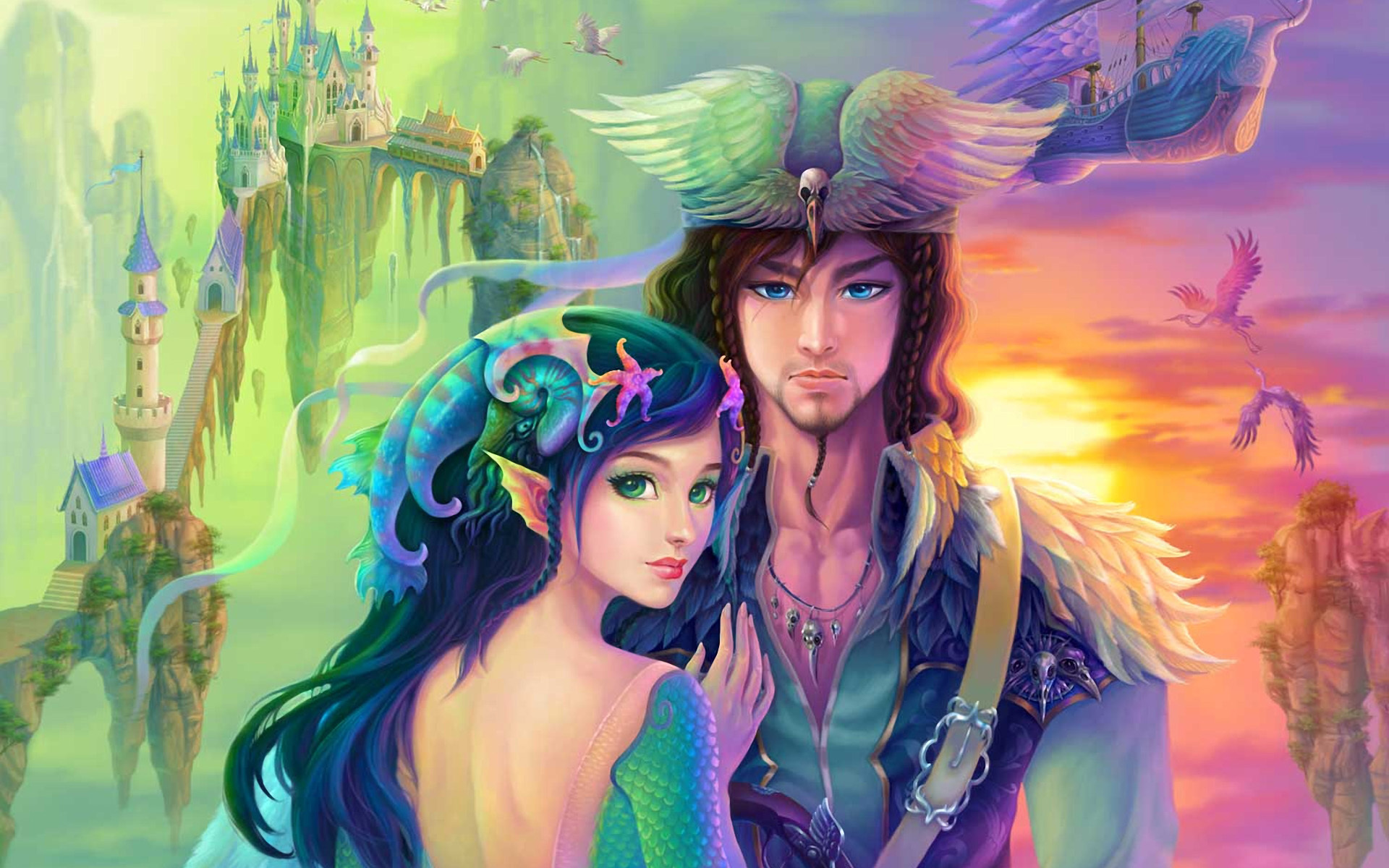 art, Girl, Boy, Castle, Ship, Prince, Heron, Lady, Badal, Hat, Wings, Shells Wallpaper