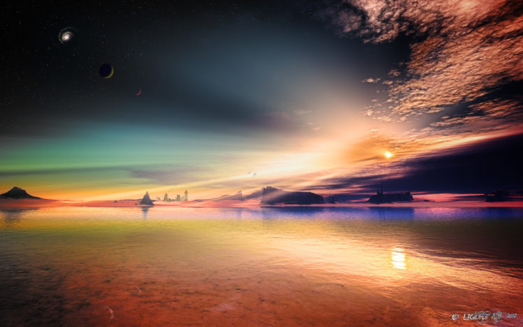 art, Alien, Planet, Rocks, Sky, Stars, Lakeslandscape, Reflection, Sunset, Castle HD Wallpaper Desktop Background