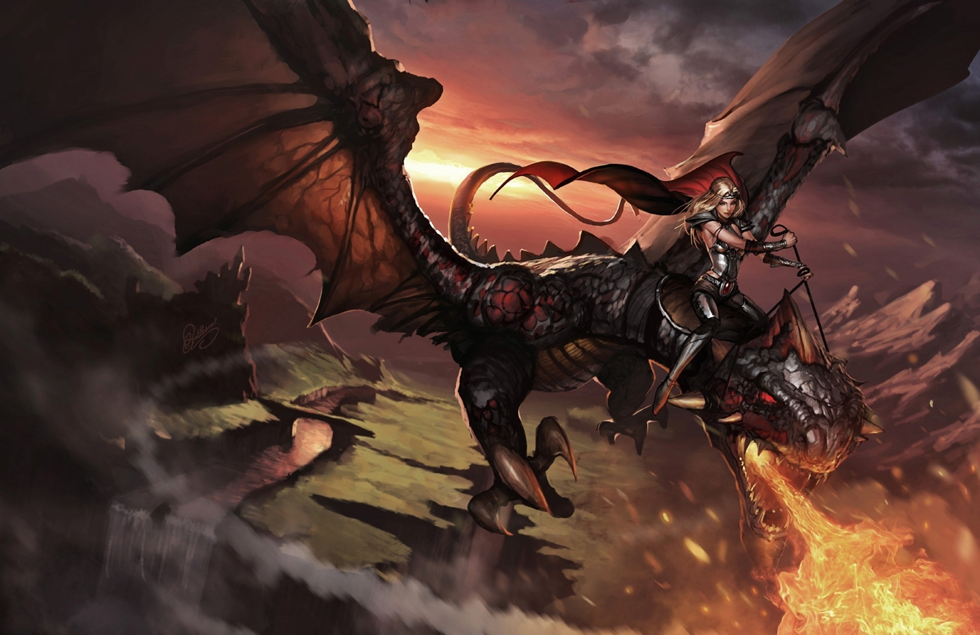 art, Dragon, Girl, In, The, Sky, Fire, Cape, Riding, Rider, Canyon