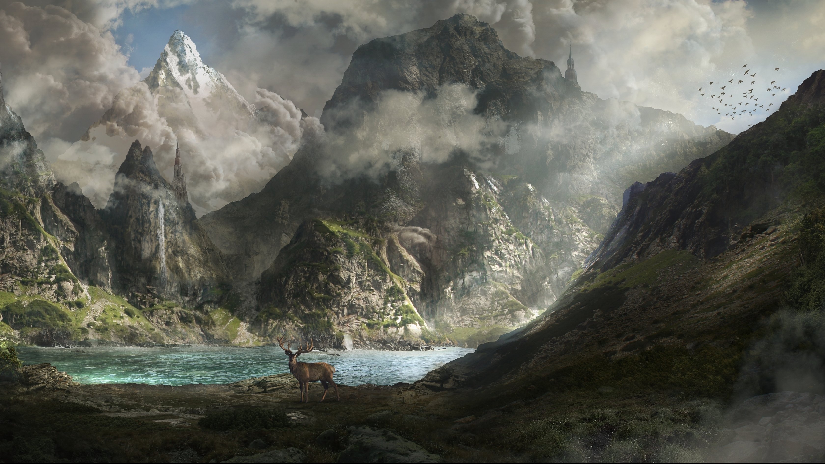 fantasy, Artwork, Art, Landscape, Nature, Deer, River, Lake, Waterfall Wallpaper