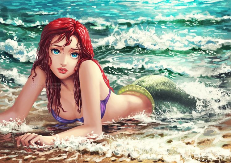 ariel, Art, Mermaid, Sea, Fantasy, Girl, Beautiful, Re, Hair HD Wallpaper Desktop Background