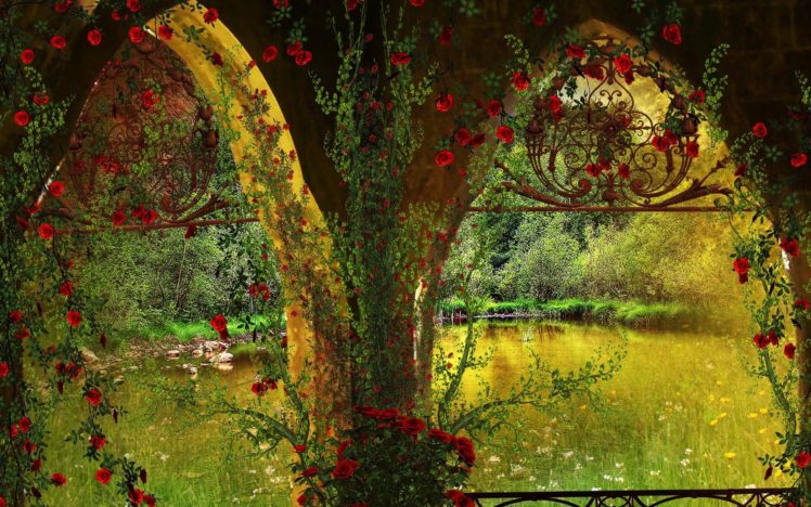 gazebo, Pond, Nature, 3d, Art HD Wallpaper Desktop Background