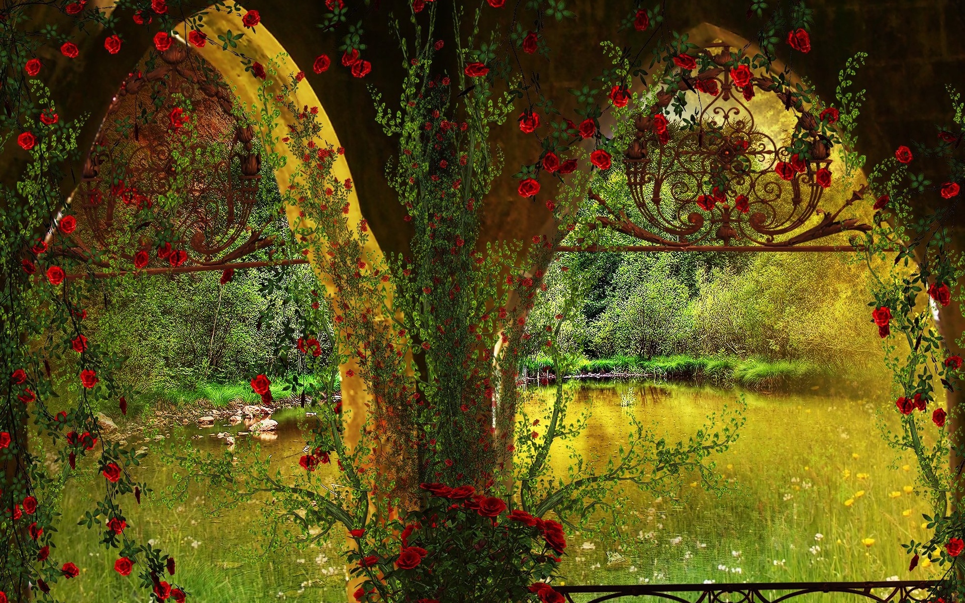 gazebo, Pond, Nature, 3d, Art Wallpaper