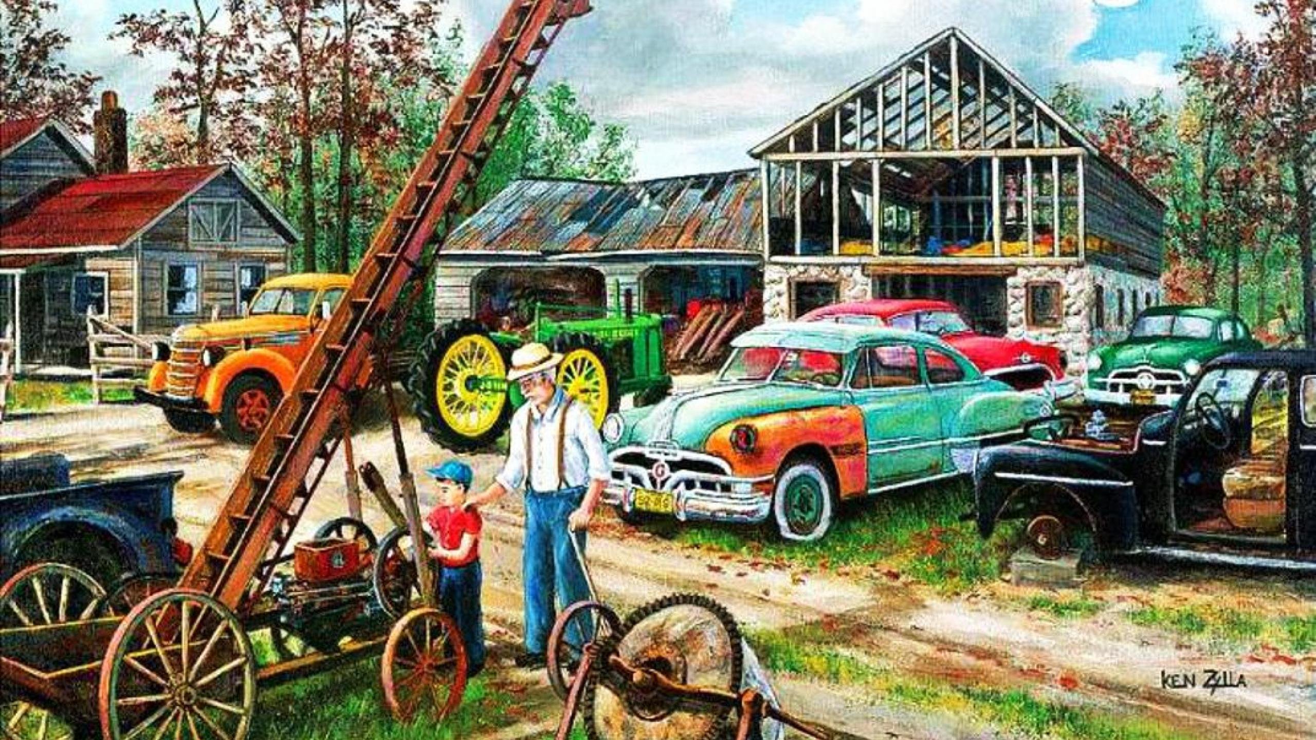 junkyard, Cars, Auto, Automobile, Classic, Retro, Artwork, Painting Wallpaper