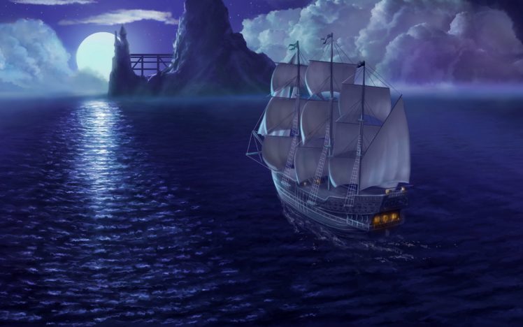 rendering, Sea, Ship, Sail, Moon, Night, Sky, Ships, Fantasy, Ocean HD Wallpaper Desktop Background