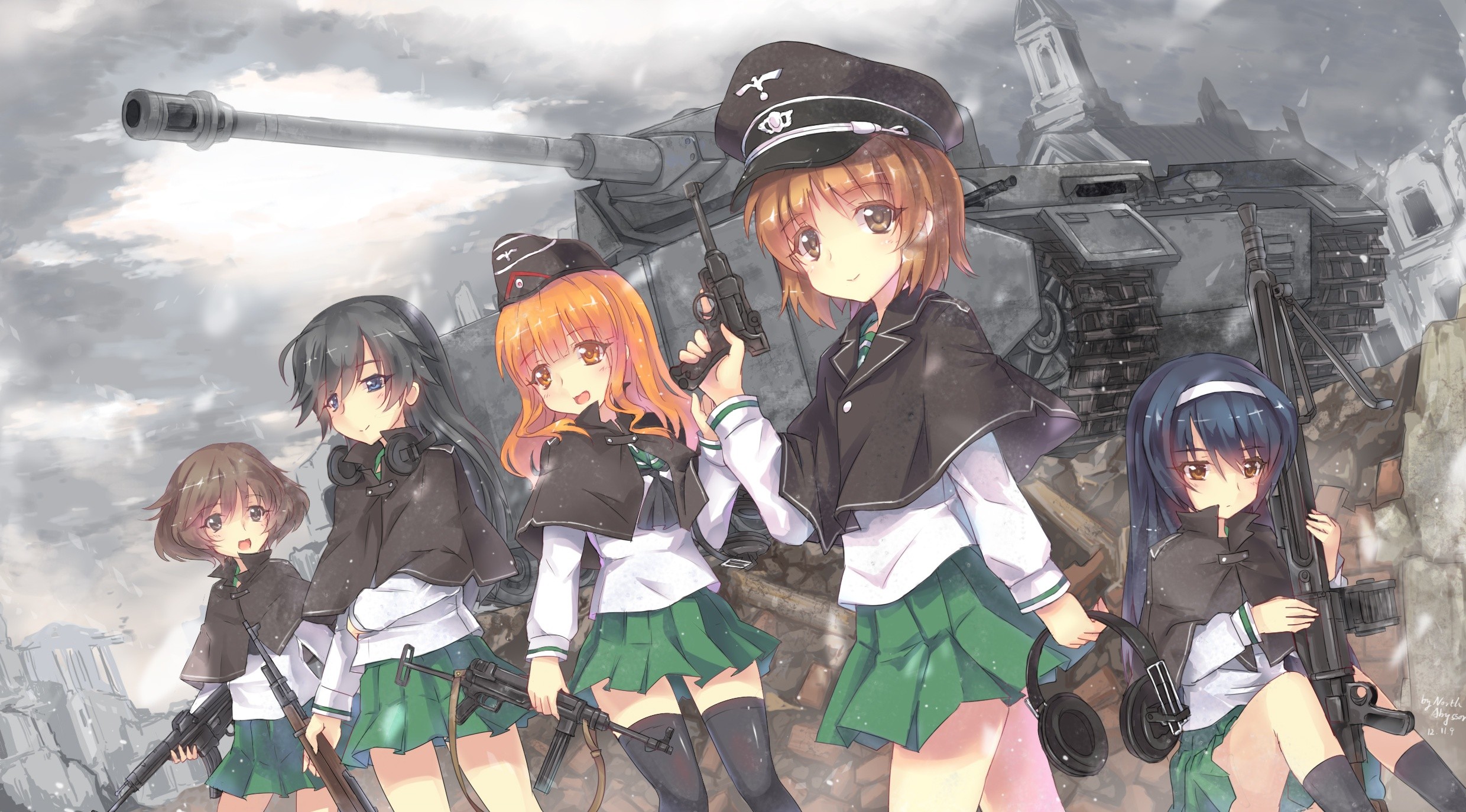 anime, Anime girls, Gun, Tank, Weapon, School uniform, Loli Wallpaper