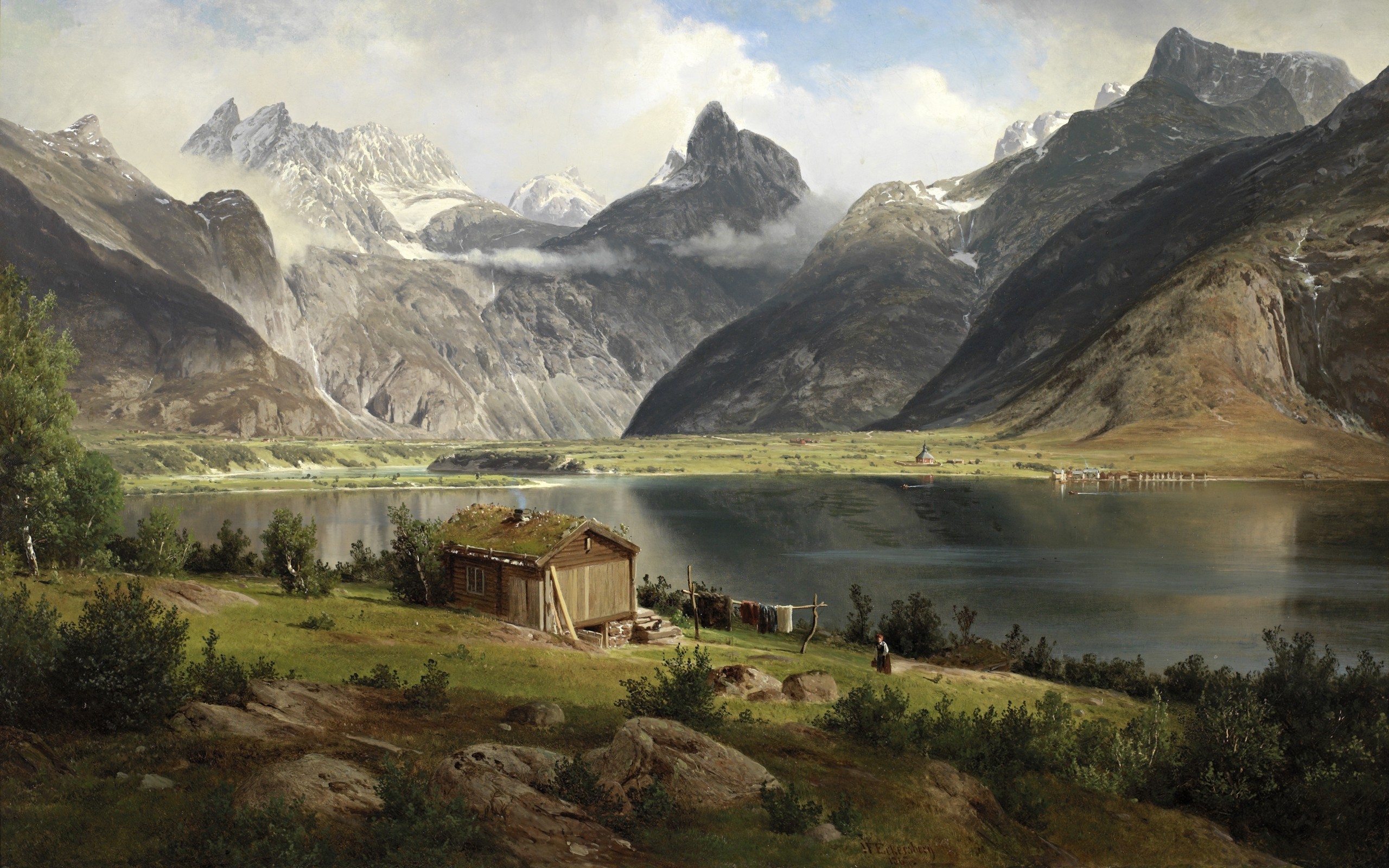 house, Lake, Mountains, Drawing, Landscapes, Paintings, Painting Wallpaper