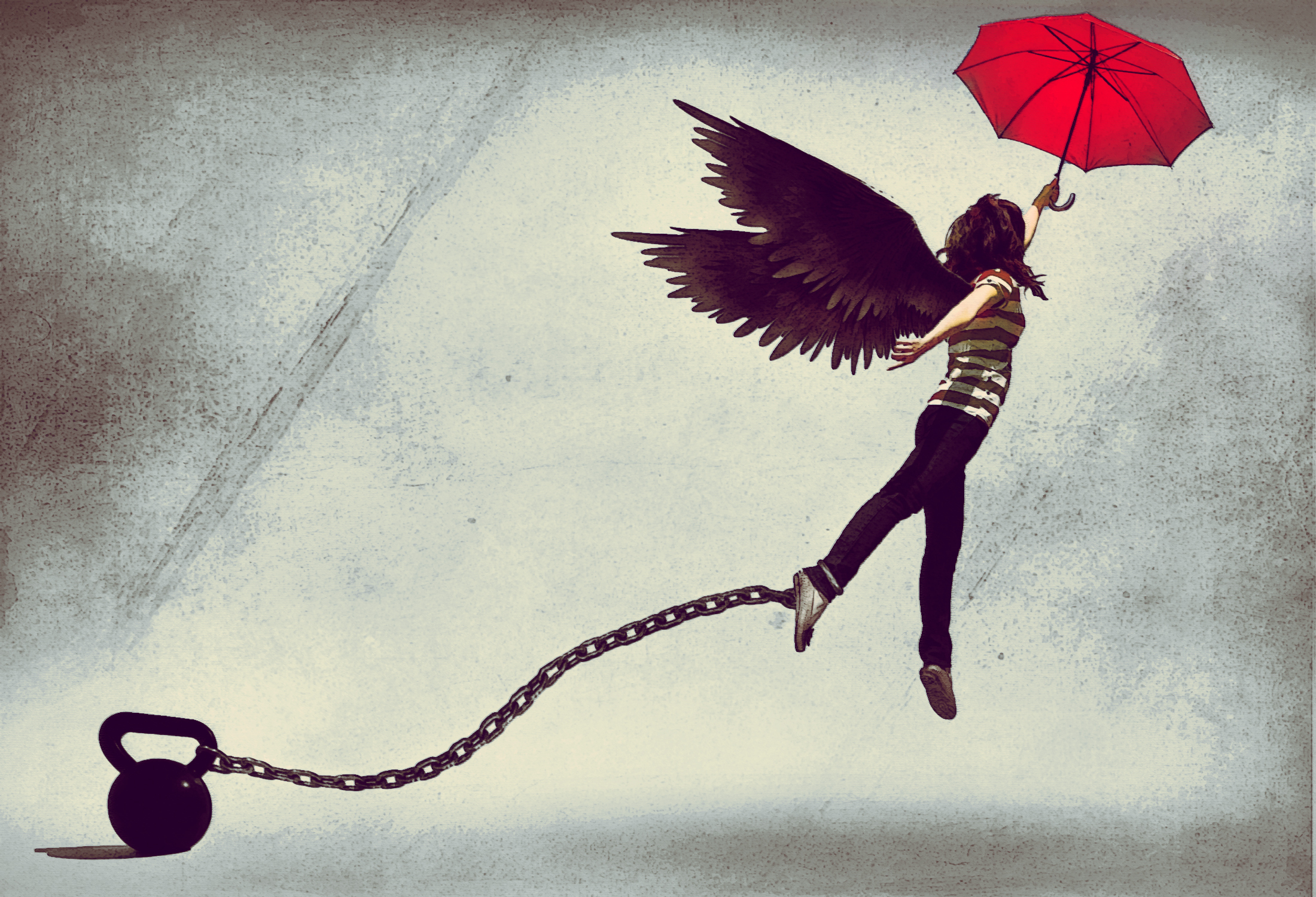 drawing, Girl, Umbrella, Umbrella, Chain, Weight, Wings, Angel, Angels, Gothic, Mood Wallpaper