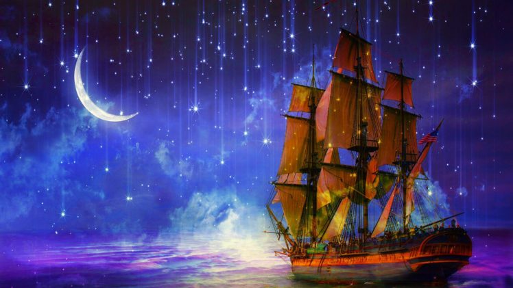 fantasy, Ship, Moon, Stars, Sky, Beauty, Sea, Ocean, Clouds, Landscape HD Wallpaper Desktop Background