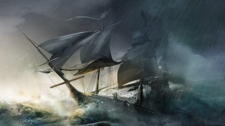 storm, Weather, Rain, Sky, Clouds, Nature, Ocean, Sea, Artwork, Ship, Waves, Painting HD Wallpaper Desktop Background