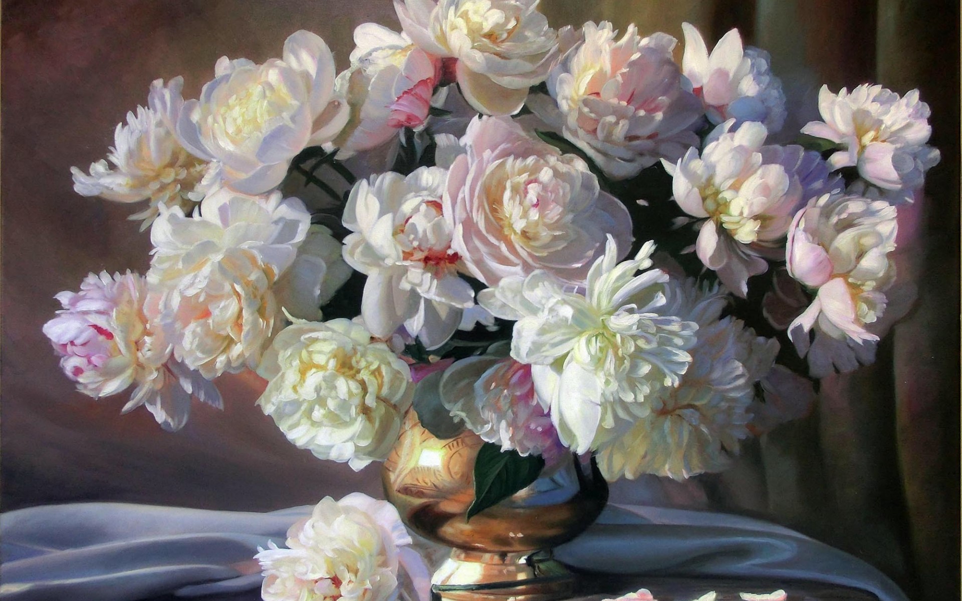 painting, Still, Life, Zbigniew, Kopania, Flowers, Peonies, White, Bouquet, Vase, Petals, Fabric, Painting, Paintings Wallpaper