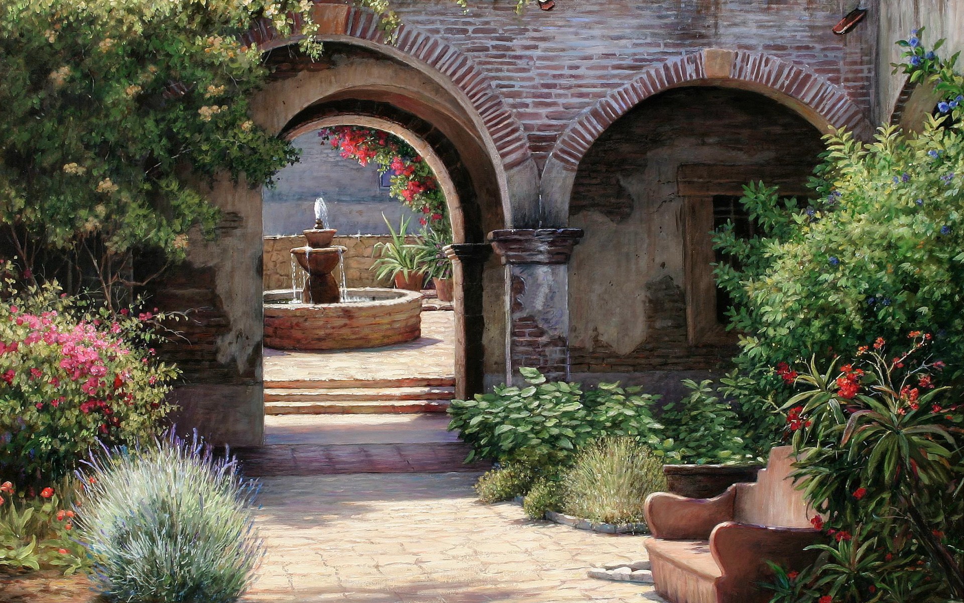 garden, Villa, Patio, Fountain, Fountains, Flowers, Flower, Plants, Path, Trail, Art, Painting, Paintings Wallpaper