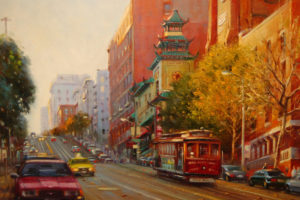 painting, Paintings, Roads, City, Cities, Cars, Trains