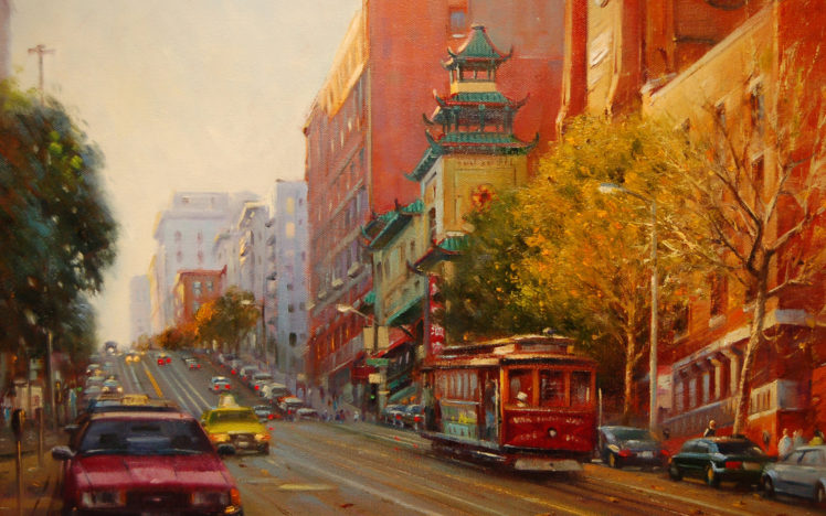 painting, Paintings, Roads, City, Cities, Cars, Trains HD Wallpaper Desktop Background