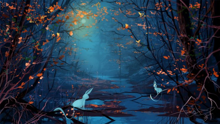 fantasy, Art, Forest, Trees, Animals, Night, Moon HD Wallpaper Desktop Background
