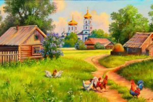 village, Of, Kura, Home, Church, Methods, Flowers, Trees, Farm, Artwork, Rustic, Painting