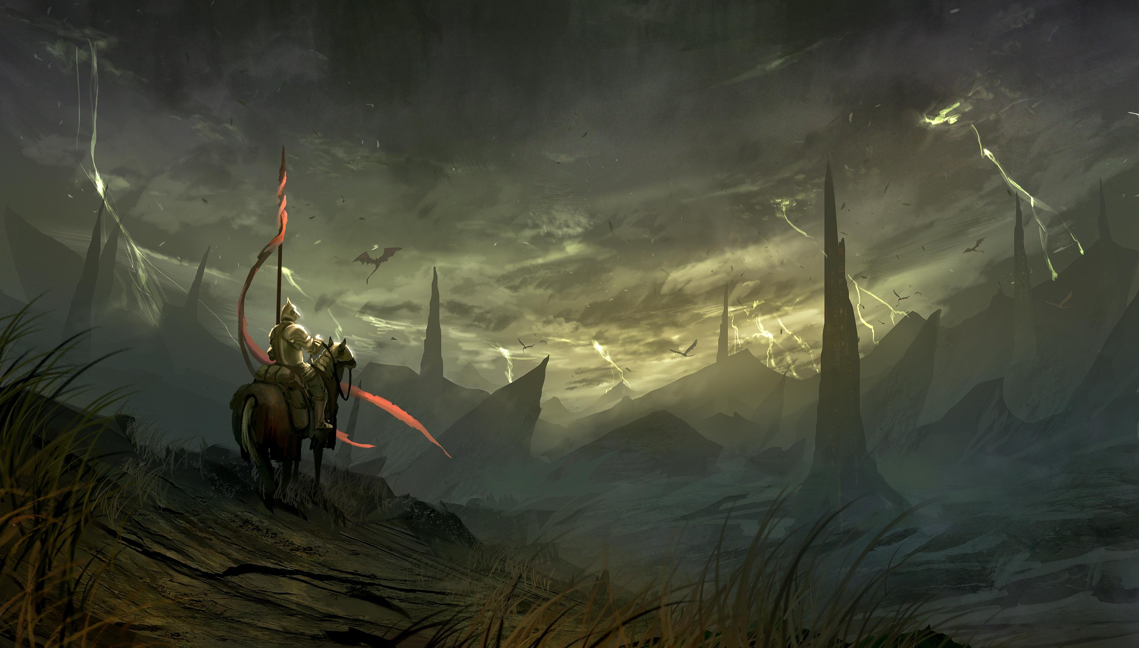 warriors, Fantastic, World, Fantasy, Warrior, Knights, Knight, Lightning, Storm, Storms, Sky, Landscapes Wallpaper