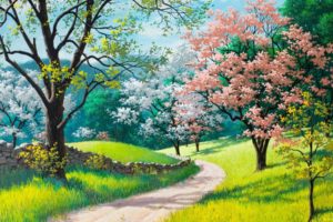 spring, Tree, Snow, Beauty, Landscape, Oil, Painting, Art