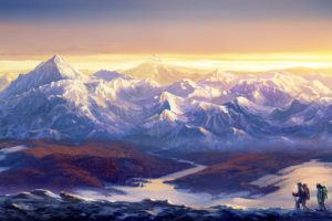 paintings, Mountains, Landscapes, Snow, Horizon, Streams, Mountaineers