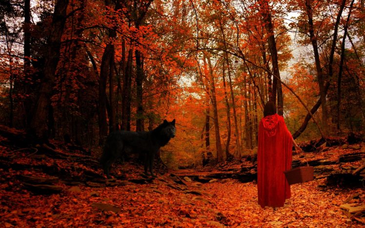 red, Riding, Hood, Wolf, Wolves, Trees, Forest, Mood, Autumn, Girl, Girls, Women HD Wallpaper Desktop Background