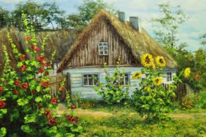 house, Summer, Flowers, Greenery, Painting, Paintings, Sunflower, Sunflowers, Flower