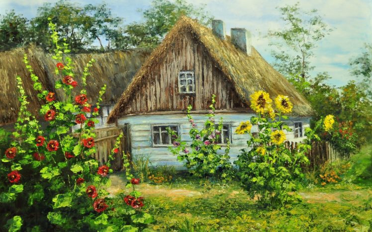 house, Summer, Flowers, Greenery, Painting, Paintings, Sunflower, Sunflowers, Flower HD Wallpaper Desktop Background