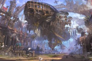 airships, Futuristic, Steampunk, Ruin, Ship, City