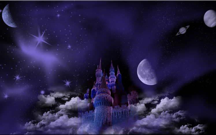 castle, Sky, Planets, Night, 3d, Art HD Wallpaper Desktop Background