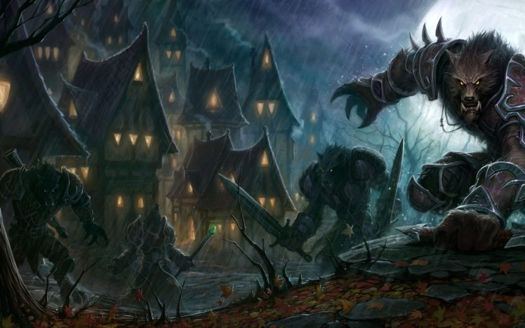 rain, World, Of, Warcraft, Houses, Moonlight, Armor, Swords, Werewolves HD Wallpaper Desktop Background