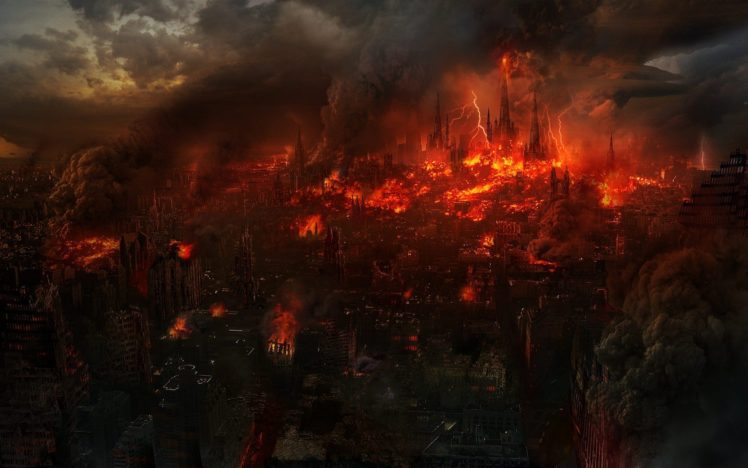 destroyed, Fantsy, City, Fire HD Wallpaper Desktop Background