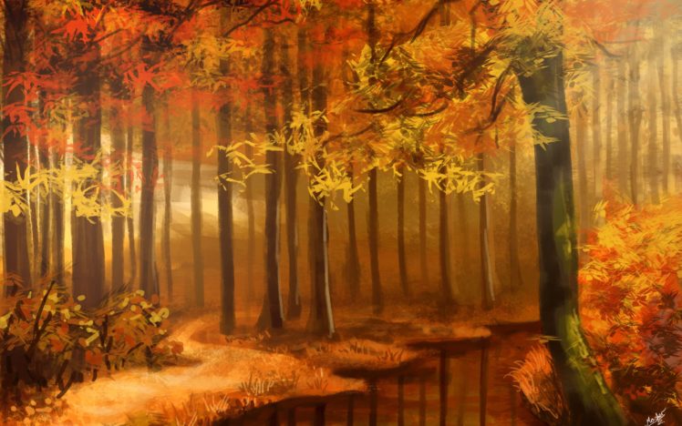 art, Autumn, Forest, Autumn, Forest, Nature, Art, Sunimo, Drawing HD Wallpaper Desktop Background