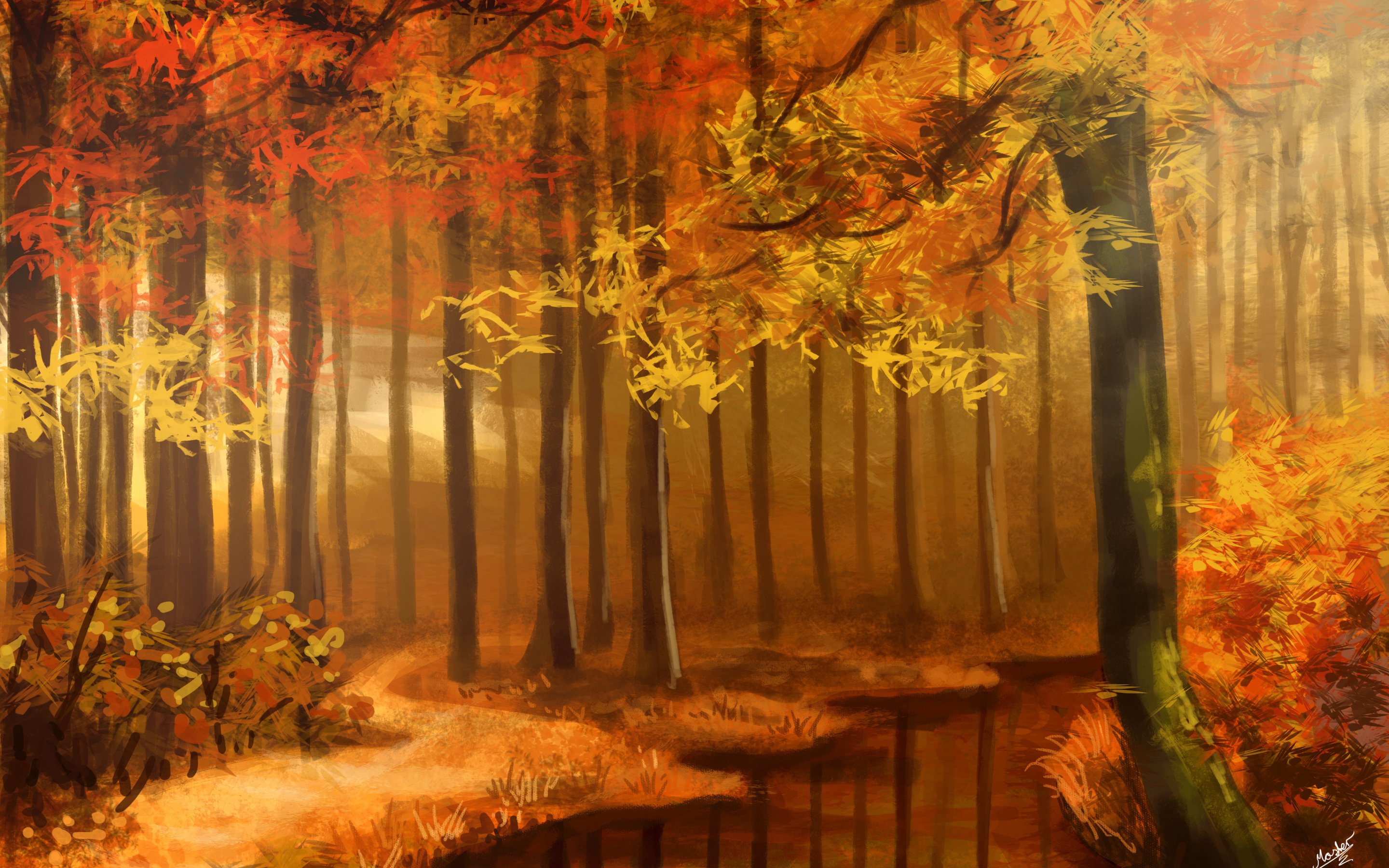 art, Autumn, Forest, Autumn, Forest, Nature, Art, Sunimo, Drawing Wallpaper