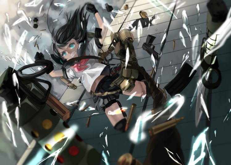 guns, Gloves, Blue, Eyes, School, Uniforms, Skirts, Long, Hair, Weapons, Ammunition, Grenades, Anime, Girls, Falling, Black, Hair HD Wallpaper Desktop Background