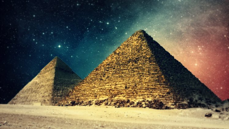 landscapes, Egypt, Digital, Art, Pyramids, Night, Sky HD Wallpaper Desktop Background