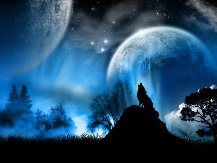 blue, Animals, Moon, Illustrations, Howling, Wolf, Wolves HD Wallpaper Desktop Background